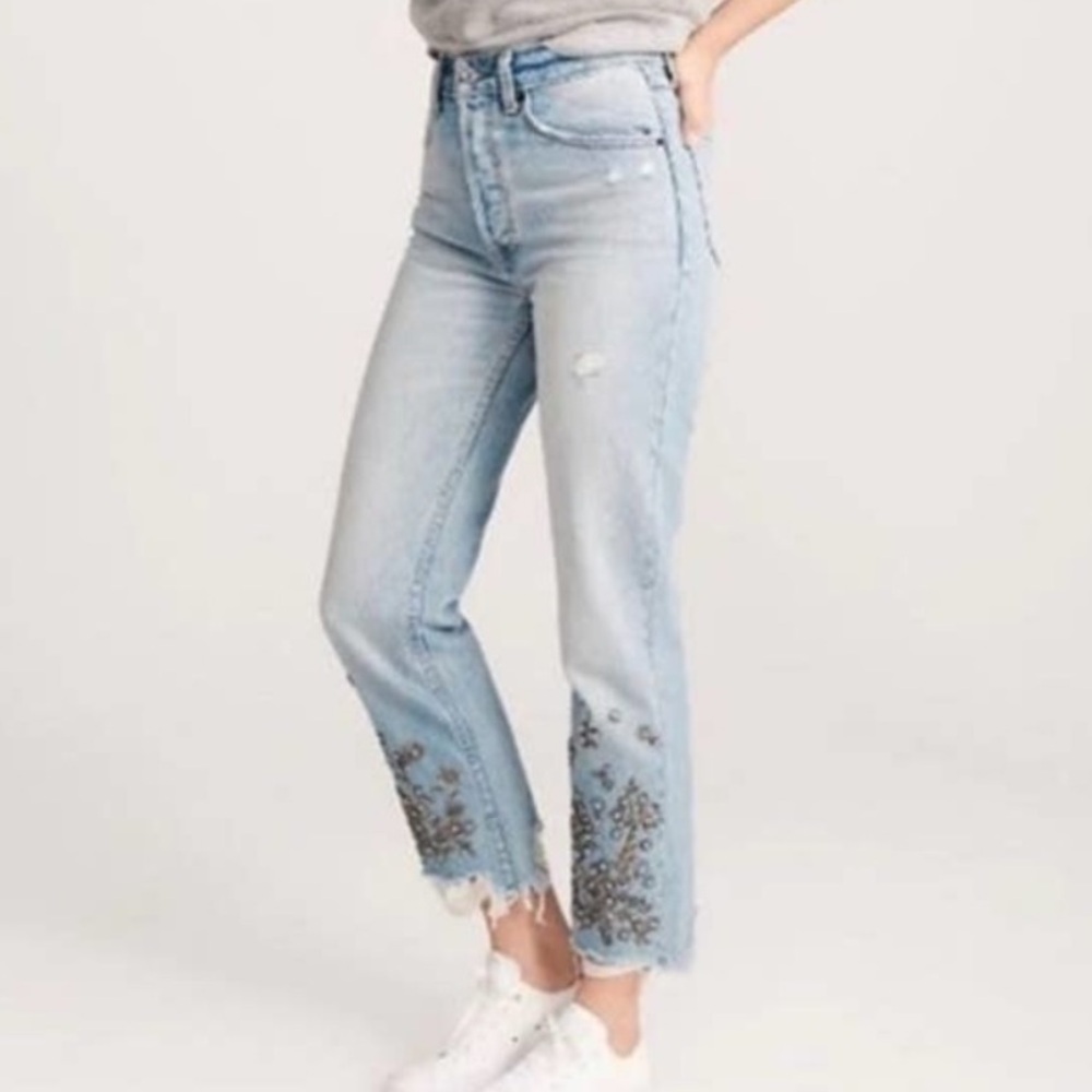 Abercrombie and Fitch Annie High Rise Straight Raw Hem Beaded Embroidered Jeans - Picture 2 of 13